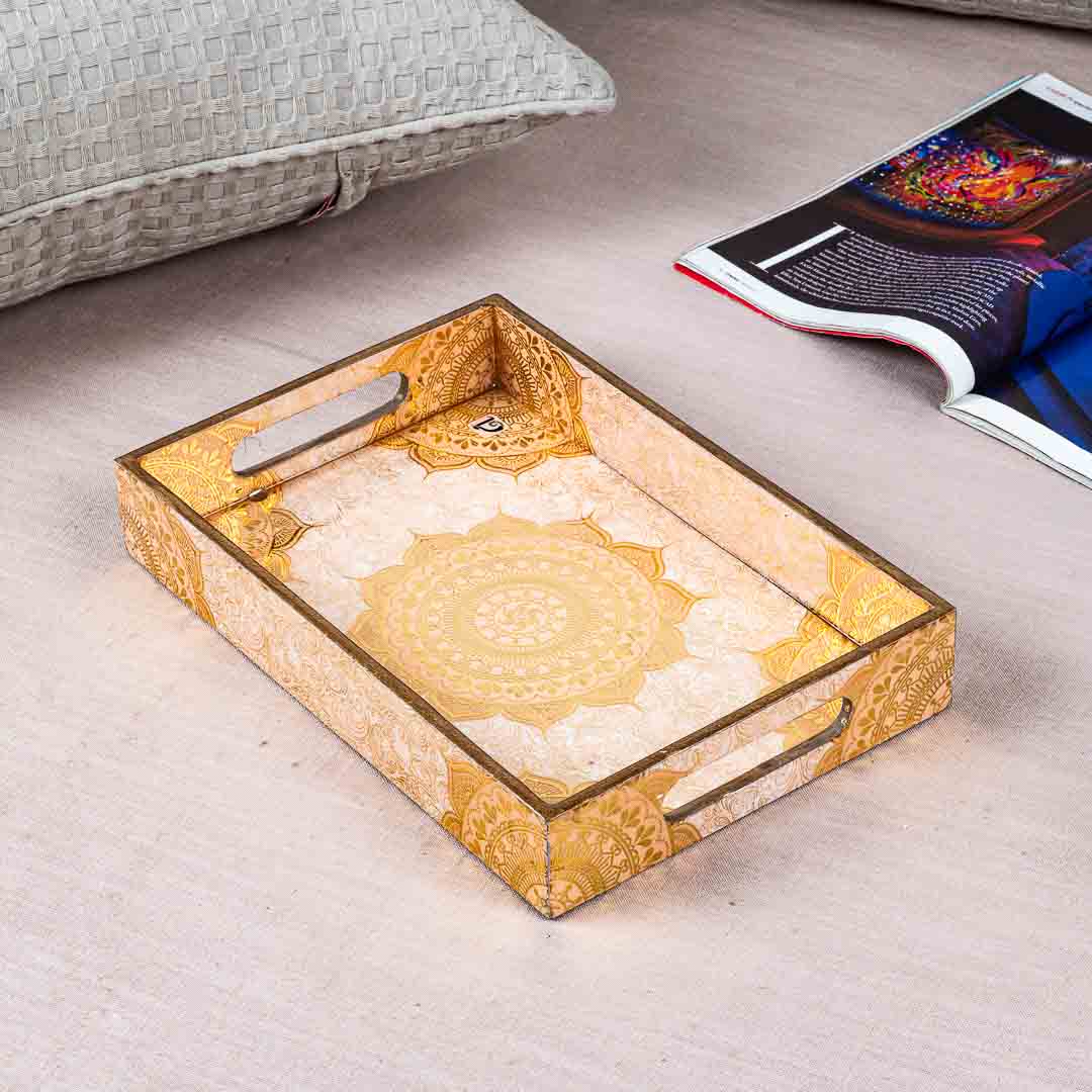 Premium Abstract White Gold Rectangle Mdf Tray Design Seven 8X12X2 Inch