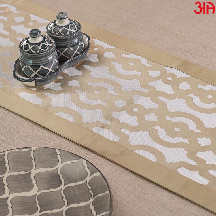 White With Gold Abstract Design Table Runner (13x72) Inch