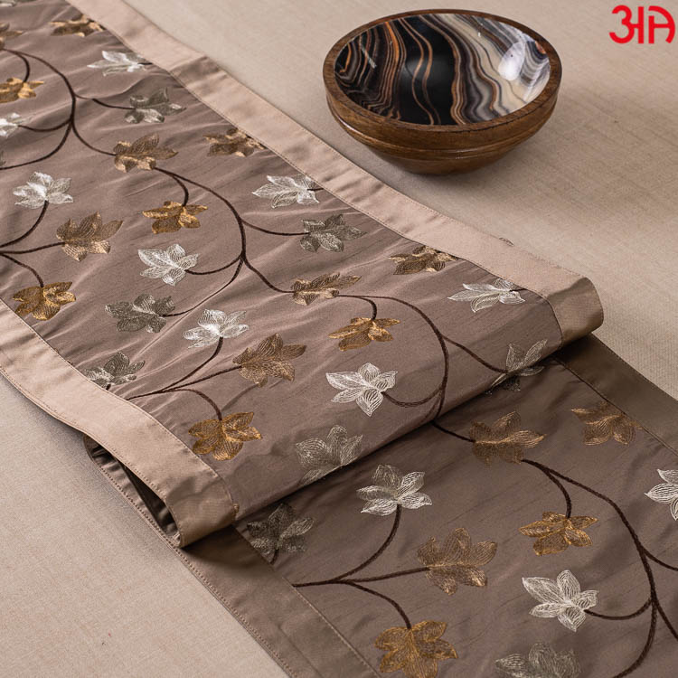 Brown With Flower Embroidary Table Runner (13x72) Inch