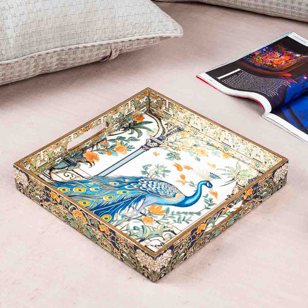 Premium Peacock Square Mdf Tray Design One 12X12 Inch