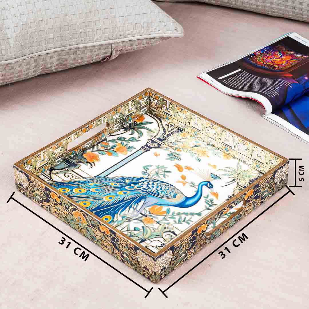 Premium Peacock Square Mdf Tray Design One 12X12 Inch
