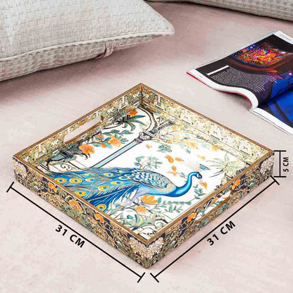 Premium Peacock Square Mdf Tray Design One 12X12 Inch