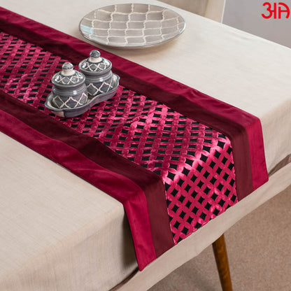 Red And Maroon Cross Design Bed Table Runner (16x84) Inch