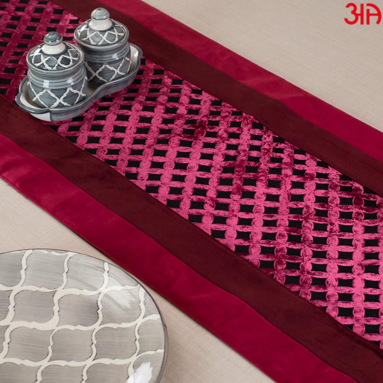 Red And Maroon Cross Design Bed Table Runner (16x84) Inch