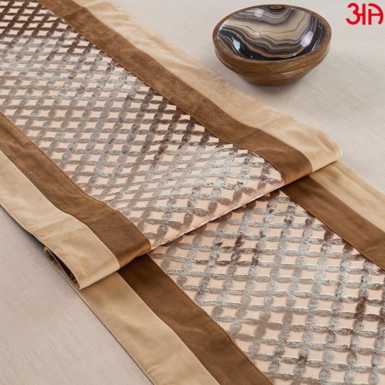 Beige And Light Brown Cross Design Bed Table Runner (16x84) Inch