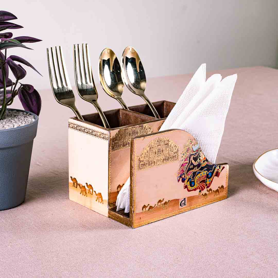 Premium Rajasthani  Mdf Cutlery Npk Holder Design Eight 6X4.5X4 Inch