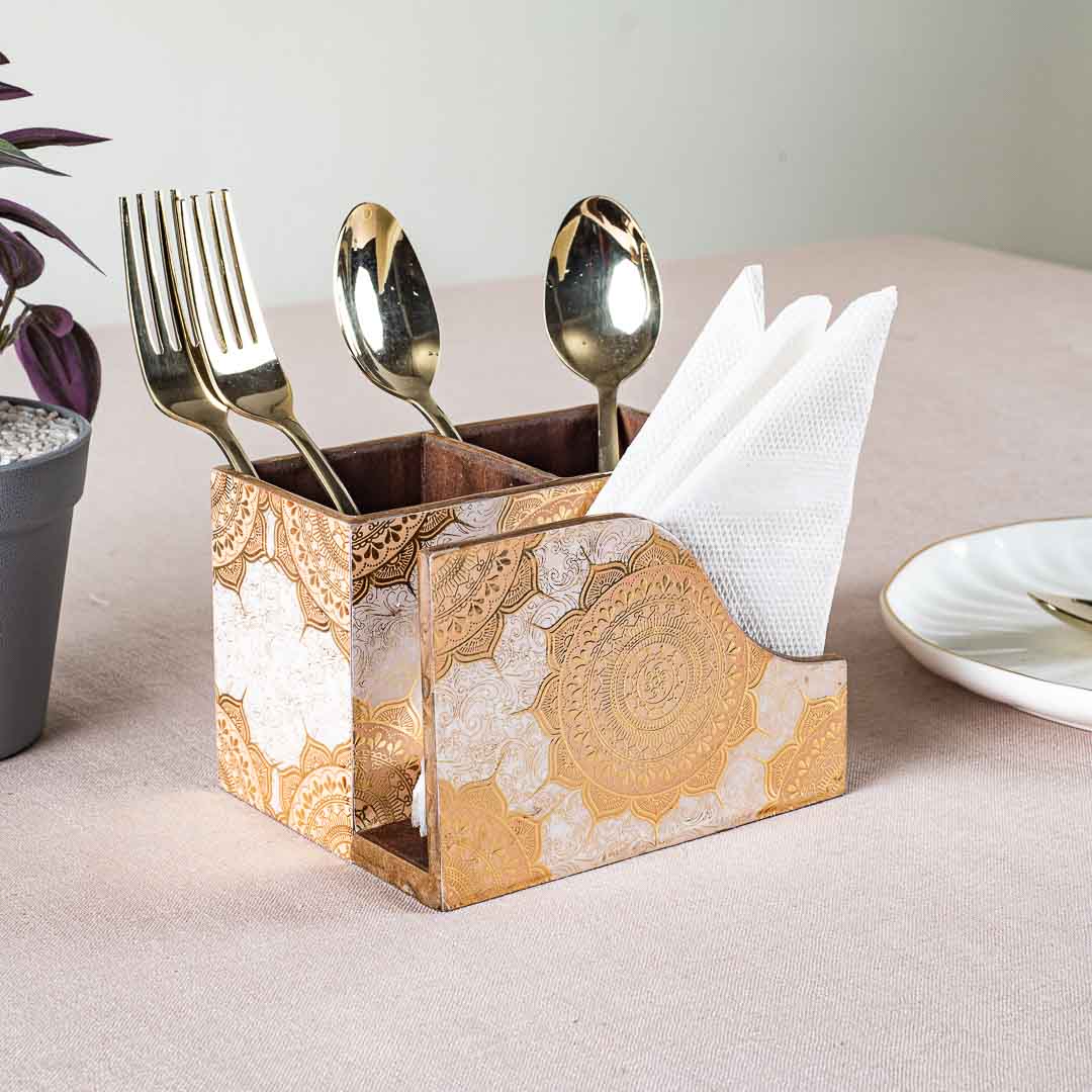 Premium Abstract White Gold Mdf Cutlery Npk Holder Design Seven 6X4.5X4 Inch