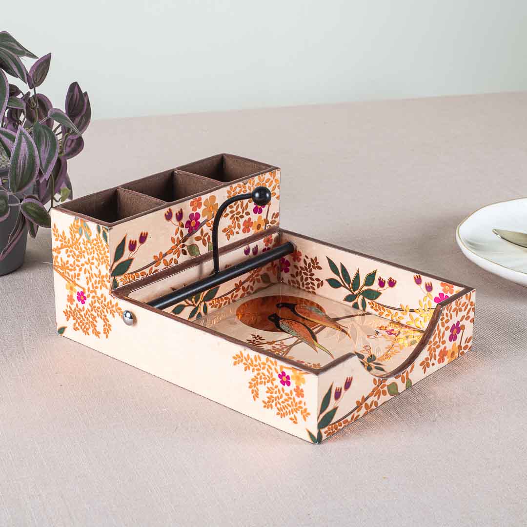Premium Love Bird Mdf Square Tissue+Cutlery Holder Design Nine