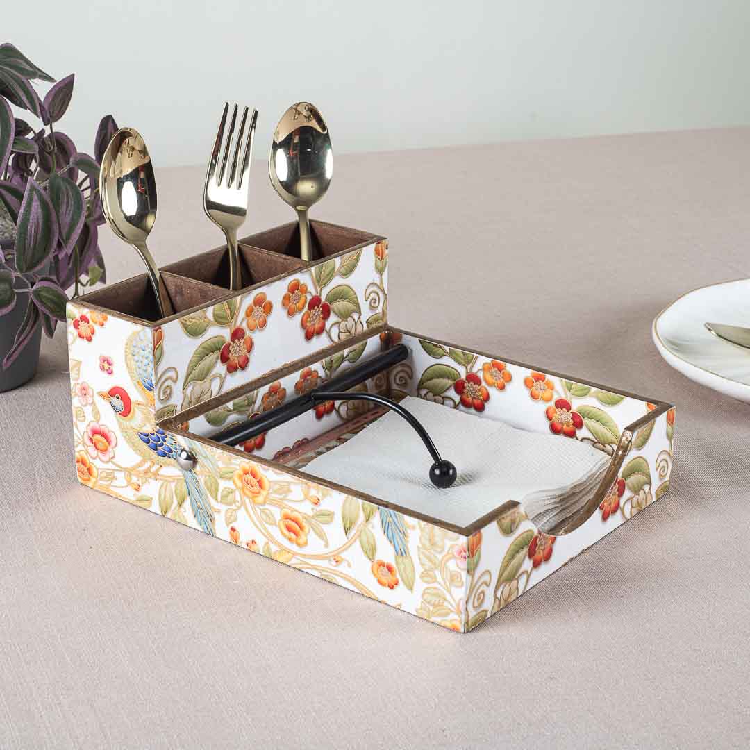 Premium Bird Mdf Square Tissue+Cutlery Holder Design Four