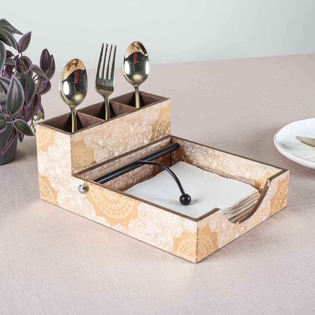 Premium Gold Mdf Square Tissue+Cutlery Holder Design Seven