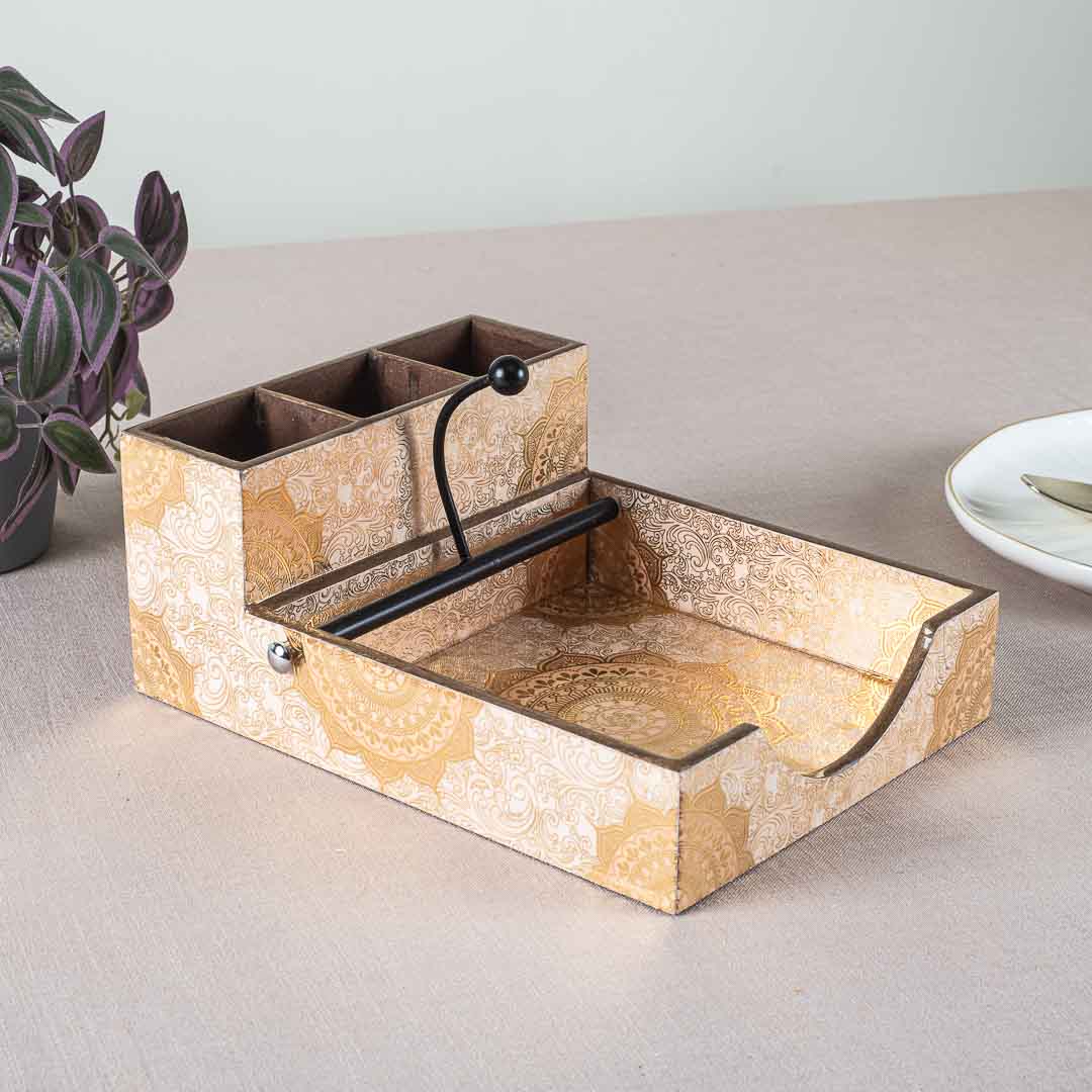 Premium Gold Mdf Square Tissue+Cutlery Holder Design Seven