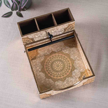 Premium Gold Mdf Square Tissue+Cutlery Holder Design Seven