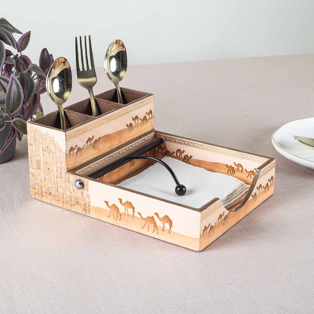 Premium Rajasthani Mdf Square Tissue+Cutlery Holder Design Eight