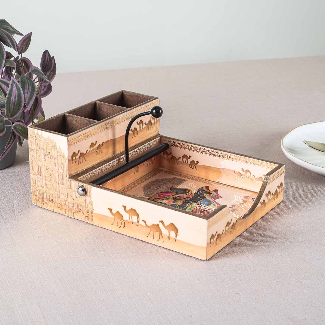 Premium Rajasthani Mdf Square Tissue+Cutlery Holder Design Eight
