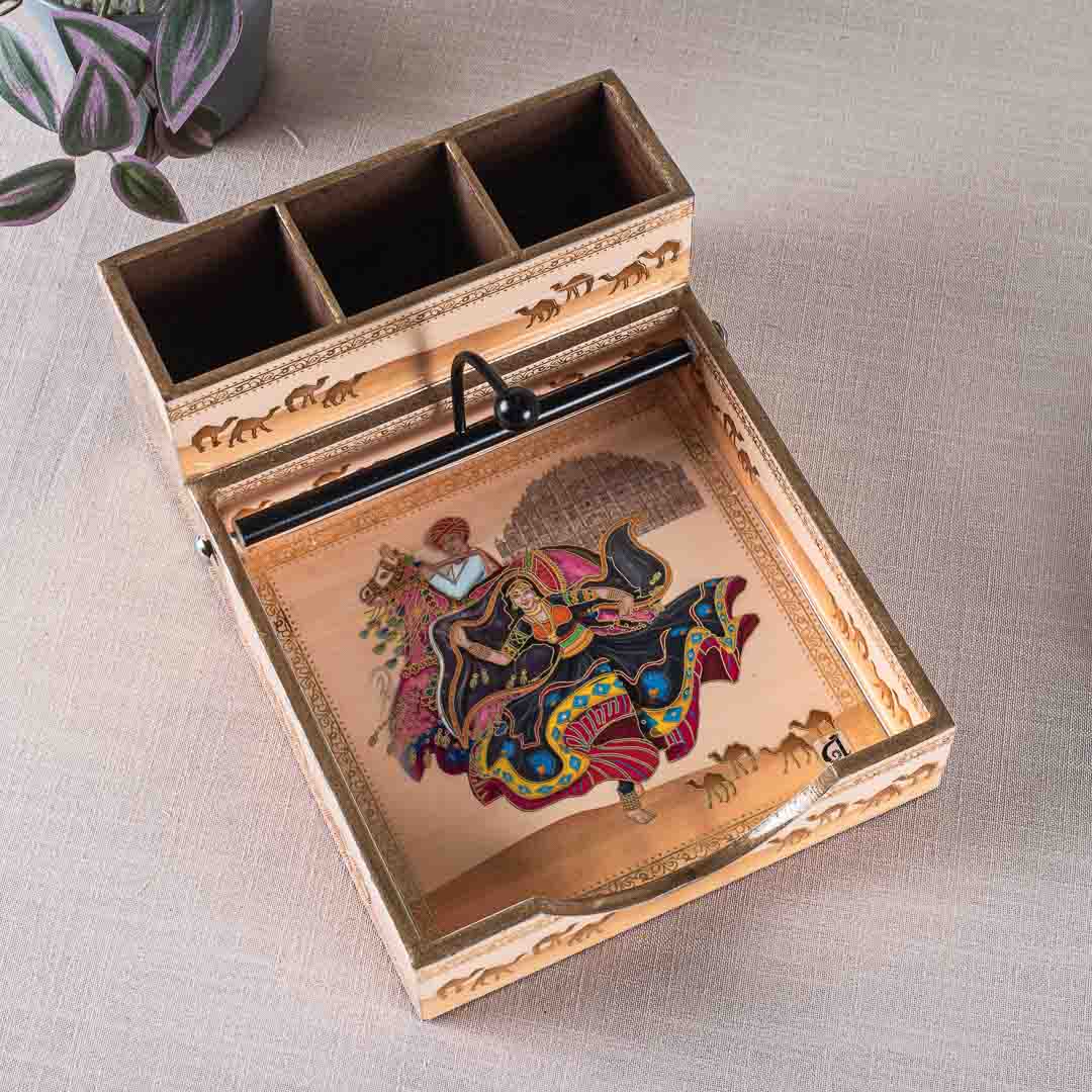 Premium Rajasthani Mdf Square Tissue+Cutlery Holder Design Eight