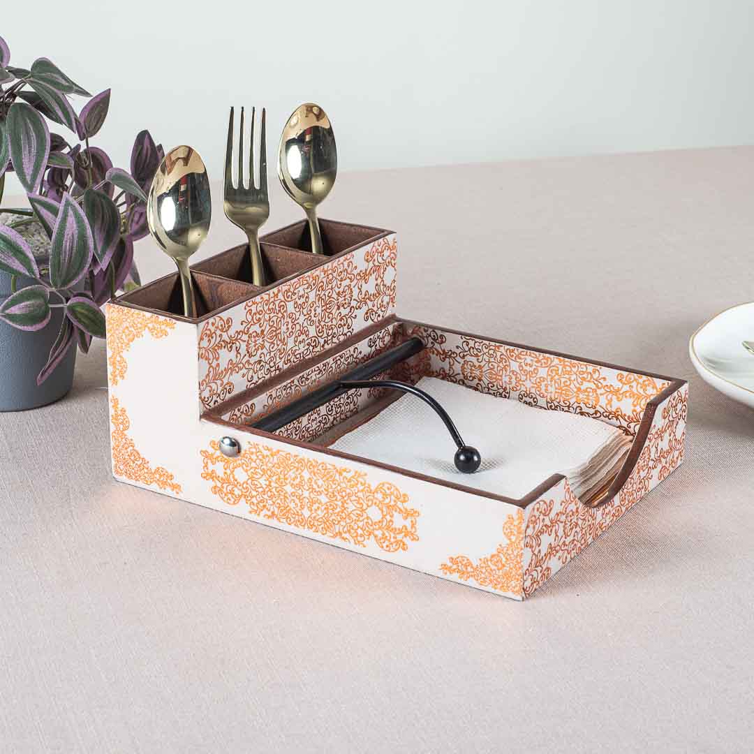 Premium Abstract White Gold Mdf Square Tissue+Cutlery Holder Design Six