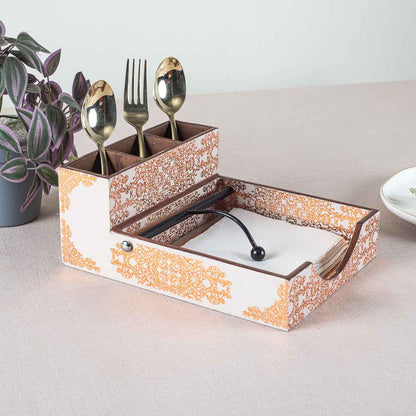 Premium Abstract White Gold Mdf Square Tissue+Cutlery Holder Design Six
