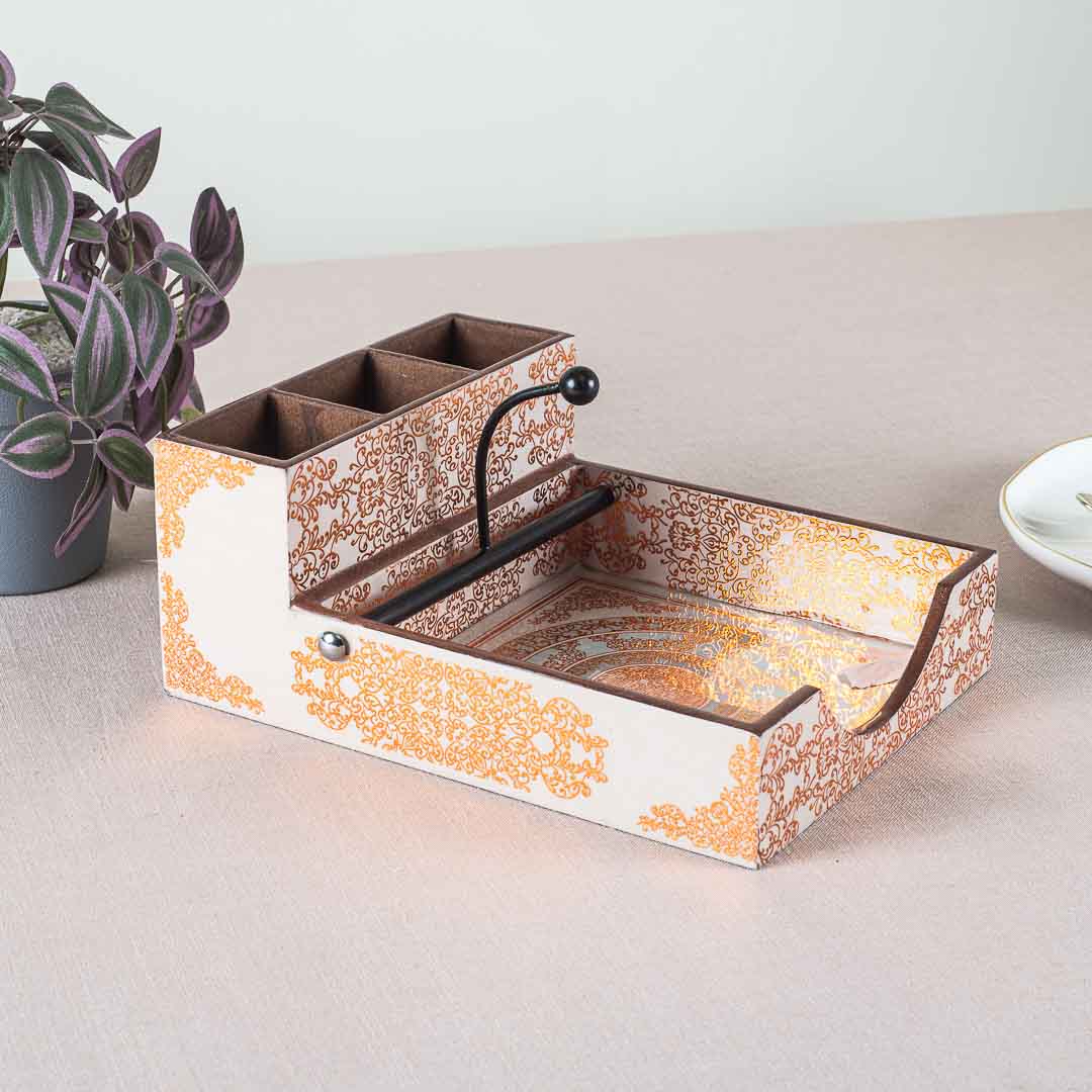 Premium Abstract White Gold Mdf Square Tissue+Cutlery Holder Design Six