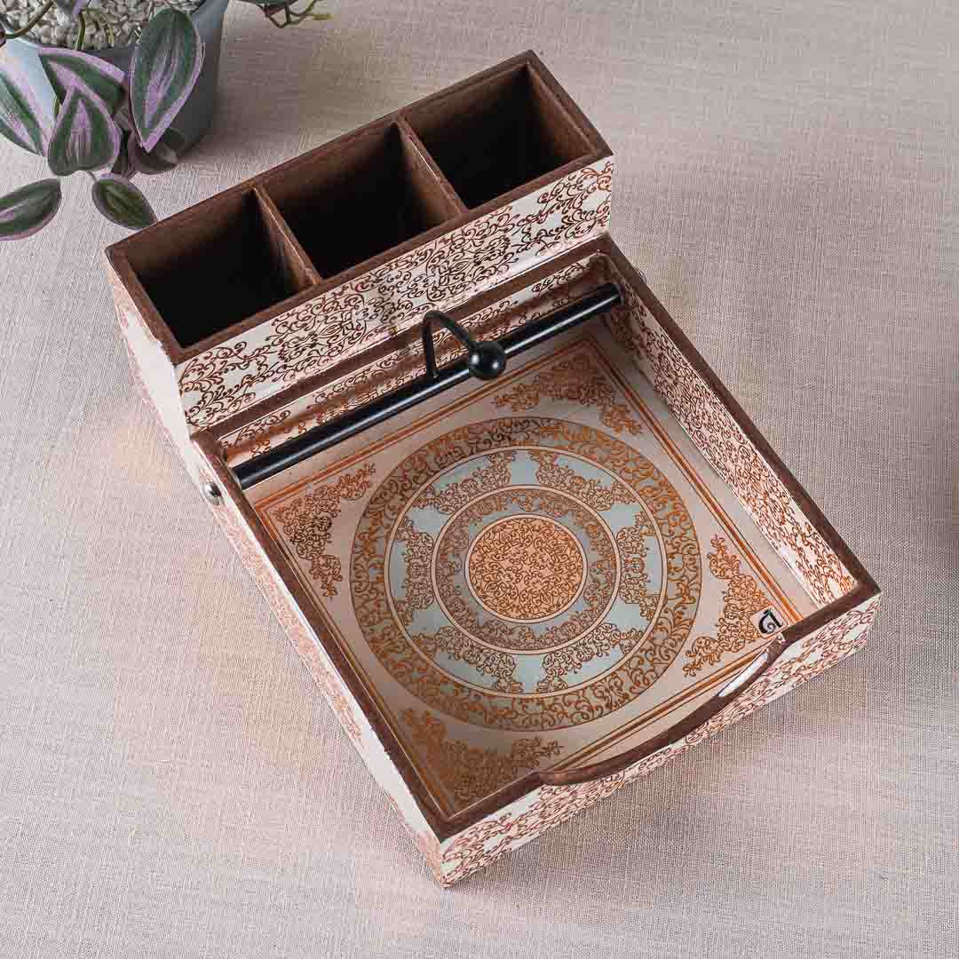 Premium Abstract White Gold Mdf Square Tissue+Cutlery Holder Design Six