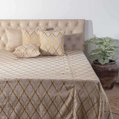 Premium King Size Beige Gold Jacquard Mix (1+2+2) Bed Cover Design Twelve