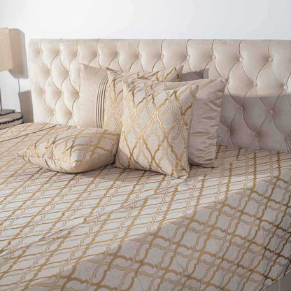 Premium King Size Beige Gold Jacquard Mix (1+2+2) Bed Cover Design Twelve
