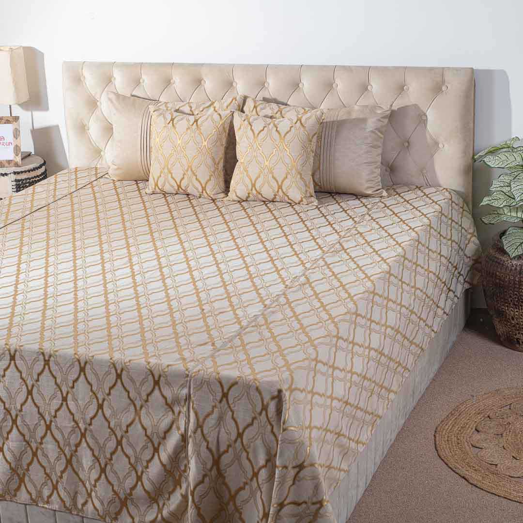 Premium King Size Beige Gold Jacquard Mix (1+2+2) Bed Cover Design Twelve