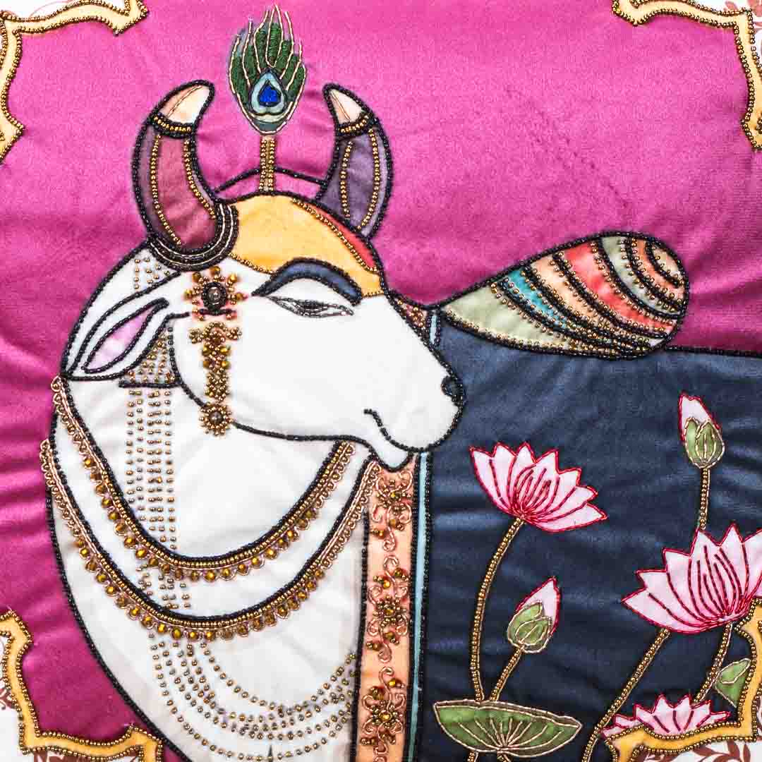 Pichwai Cow Frame - Hand Work Cushion Cover