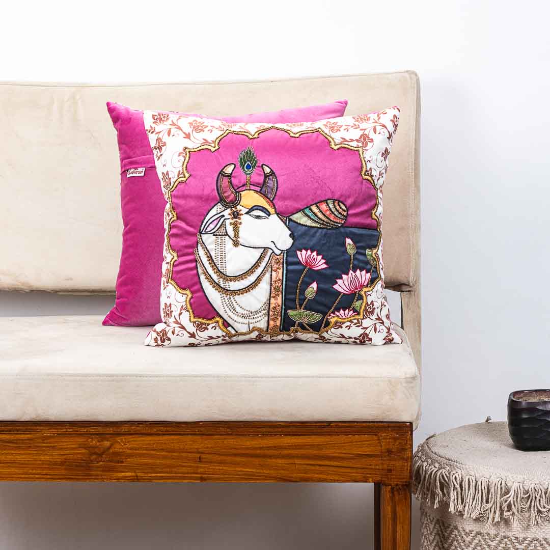 Pichwai Cow Frame - Hand Work Cushion Cover