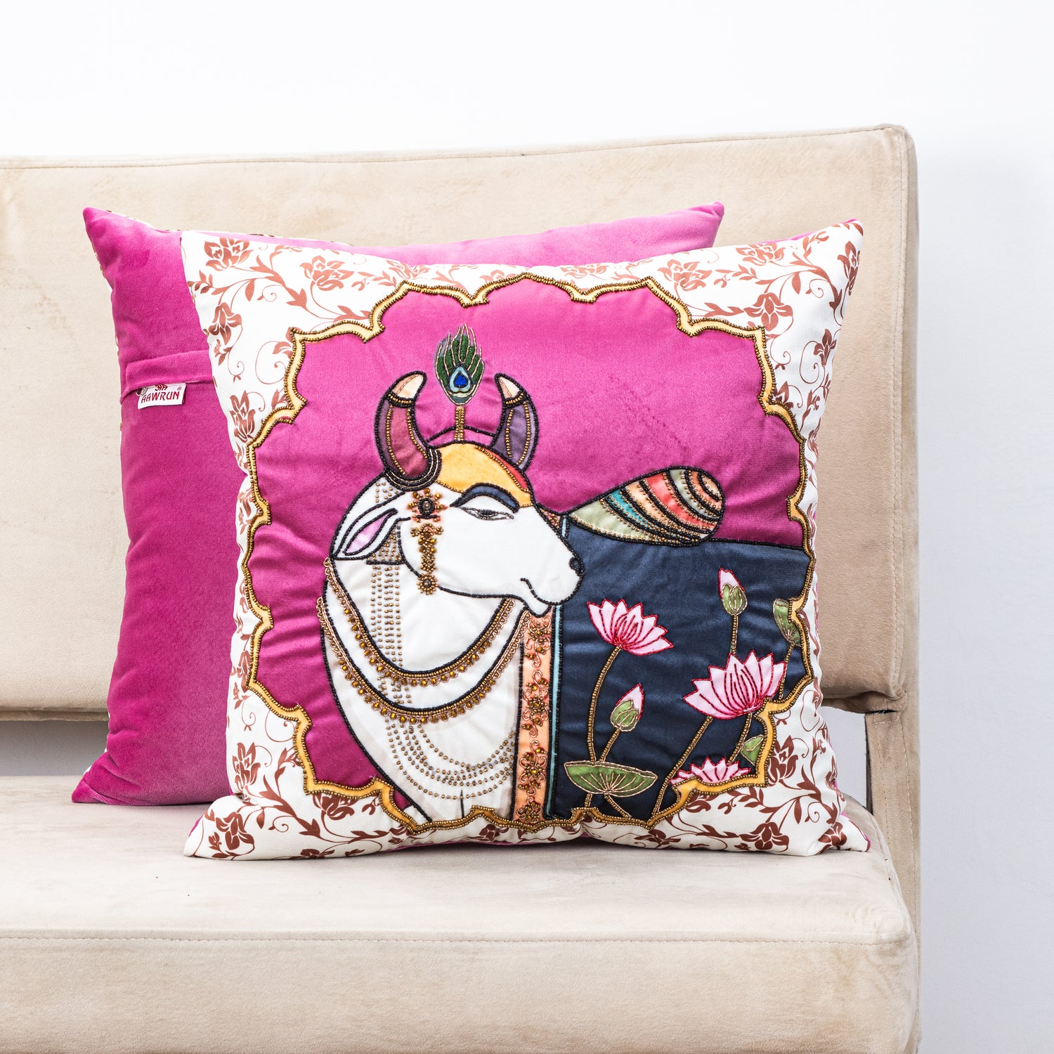 Pichwai Cow Frame - Hand Work Cushion Cover