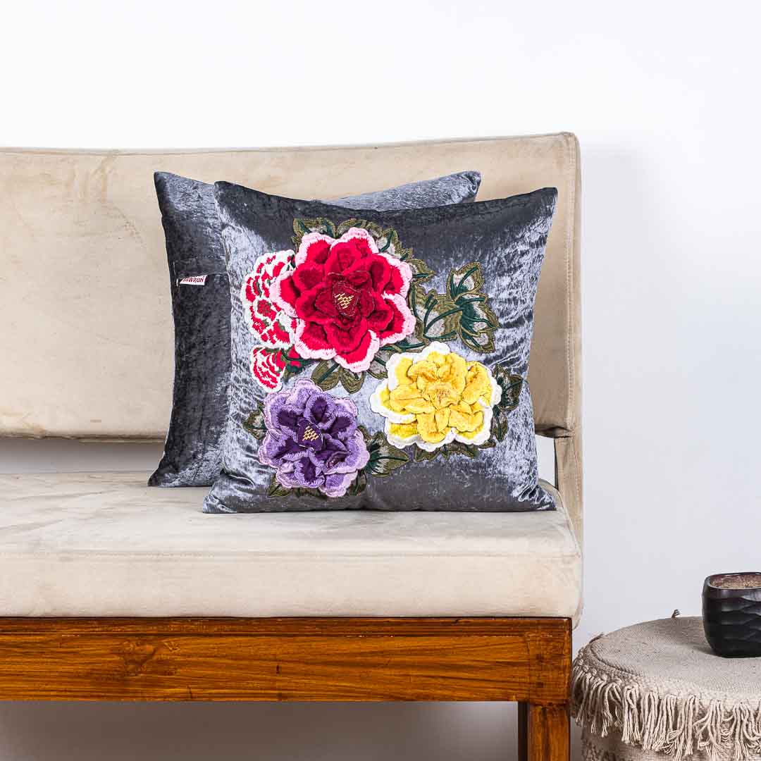 Premium Velvet Shaded Flower Patch Cushion Cover