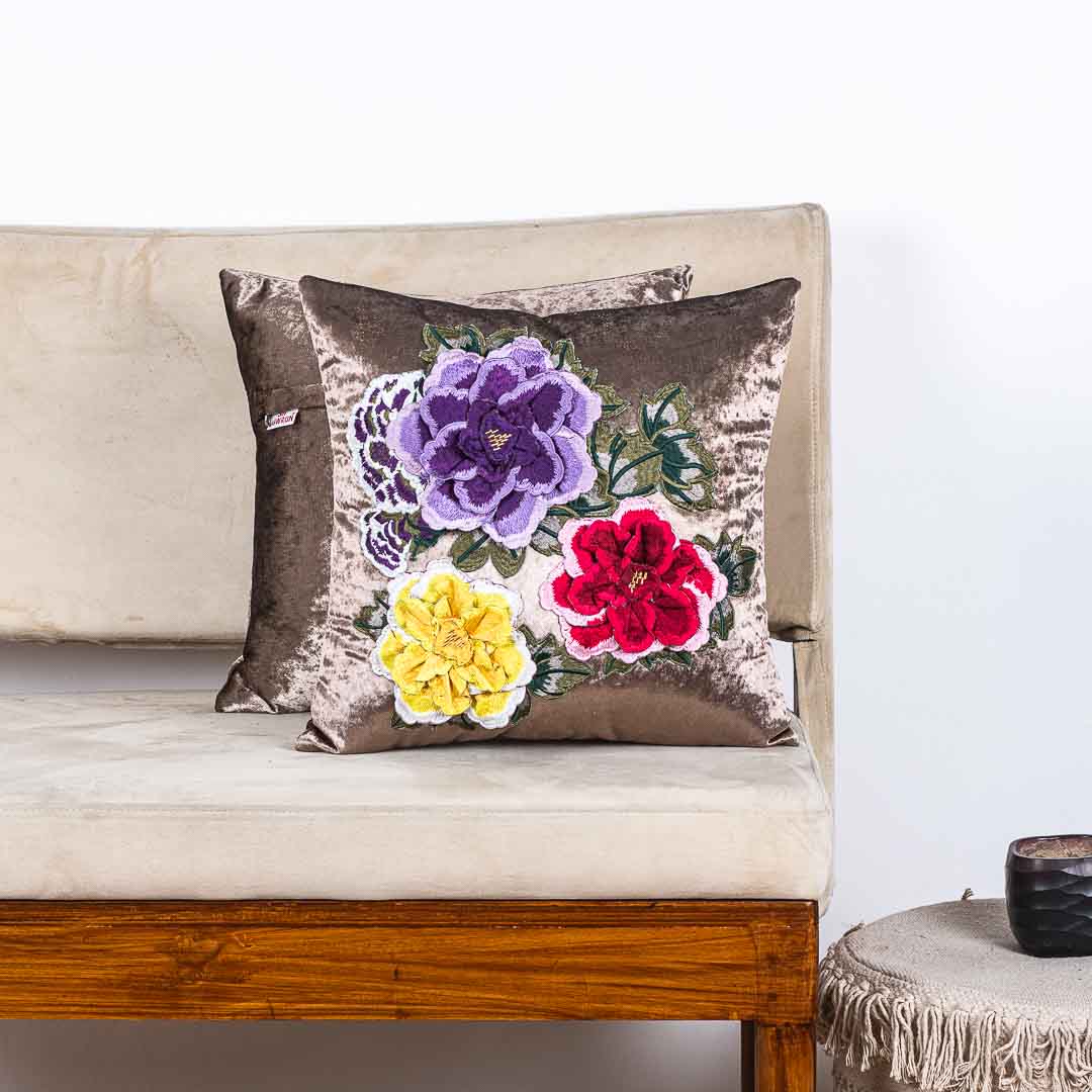 Premium Velvet Shaded Flower Patch Cushion Cover