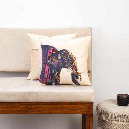 Traditional Elephant Digital Printed and Hand Work Cushion Cover