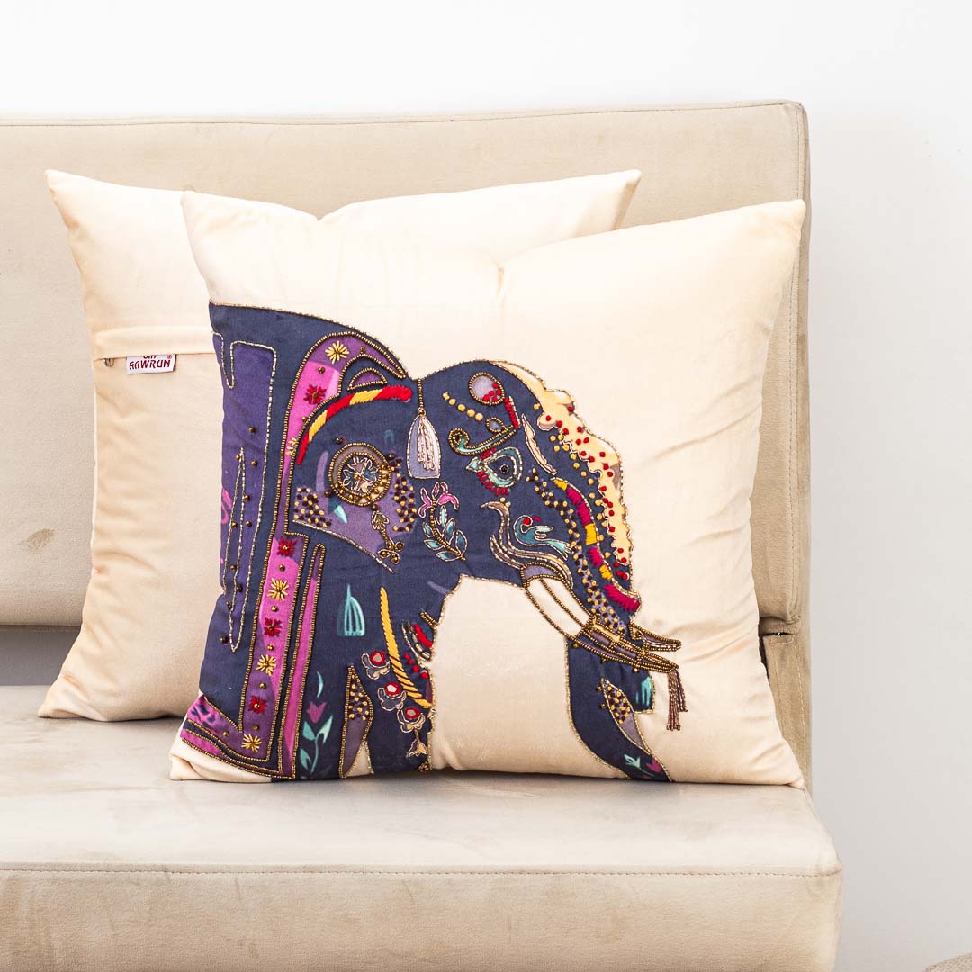 Traditional Elephant Digital Printed and Hand Work Cushion Cover