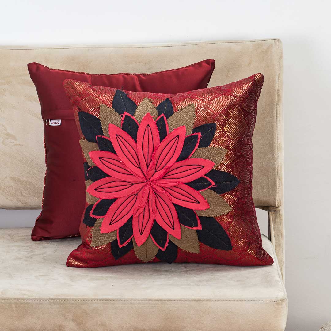 Bold Maroon Cotton 16x16 Cushion Cover with 3D Appliqué Flower