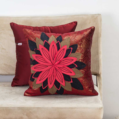 Bold Maroon Cotton 16x16 Cushion Cover with 3D Appliqué Flower