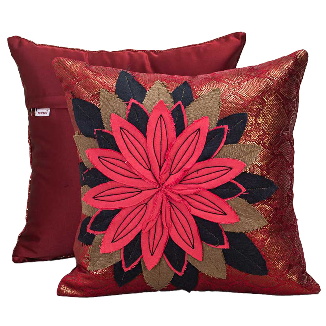 Bold Maroon Cotton 16x16 Cushion Cover with 3D Appliqué Flower