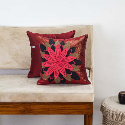 Bold Maroon Cotton 16x16 Cushion Cover with 3D Appliqué Flower