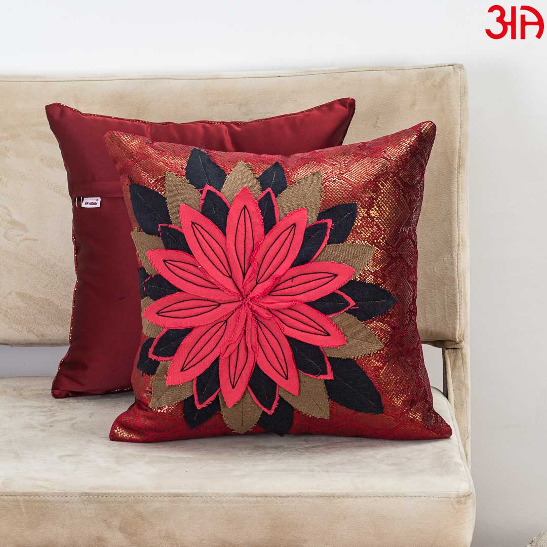 Bold Maroon Cotton 16x16 Cushion Cover with 3D Appliqué Flower