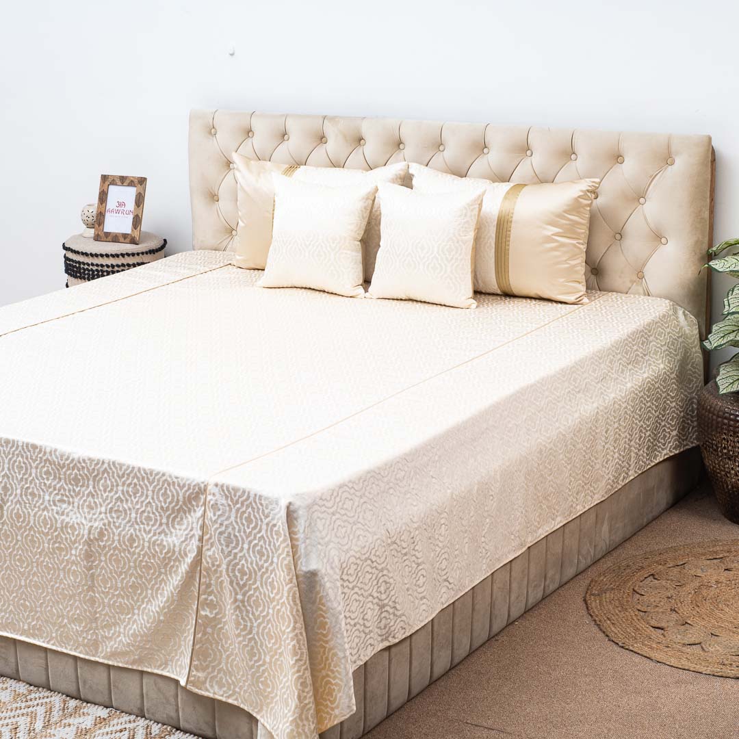 Premium King Size Jacquard White- Gold (1+2+2) Bed Cover Design Thirty