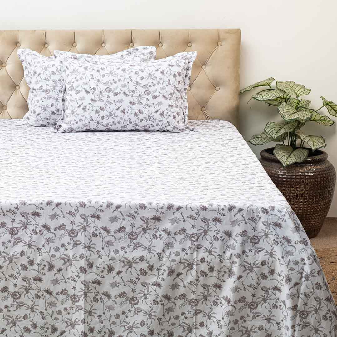 Premium Leaf King Size White- Multi Cotton Percale Print (1+2) Bed Cover Comes With Two Pillow Cover Design Sixteen