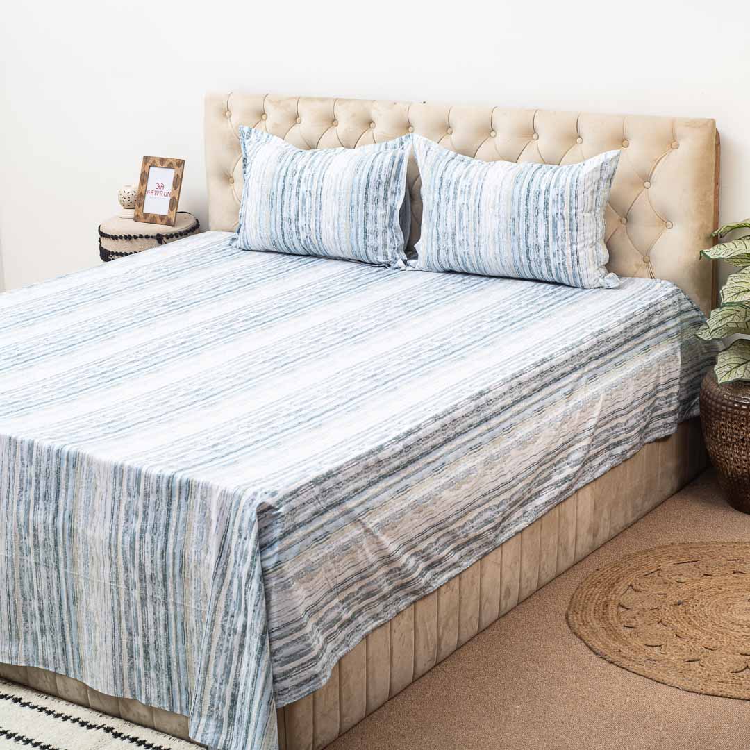 Premium King Size Blue- Multi Cotton Percale Prt (1+2) Bed Cover Comes With Two Pillow Cover Design Fourteen