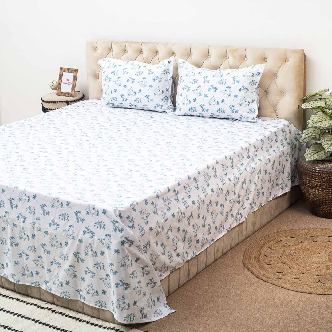 Premium Leaf King Size White- Blue Cotton Percale Print (1+2) Bed Cover Comes With Two Pillow Cover Design Thirteen