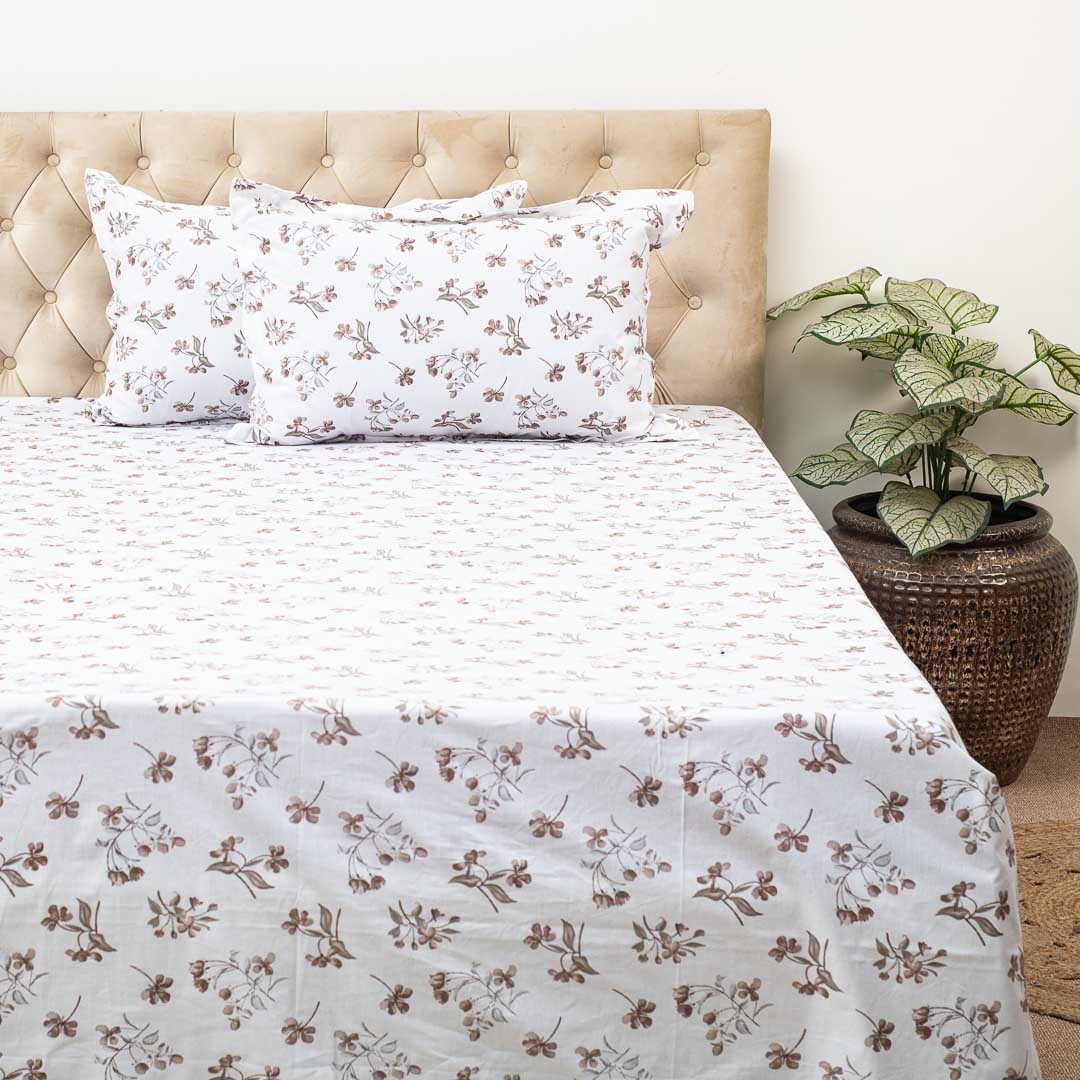 Premium Leaf King Size White Cotton Percale Print (1+2) Bed Cover Comes With Two Pillow Cover Design Twelve