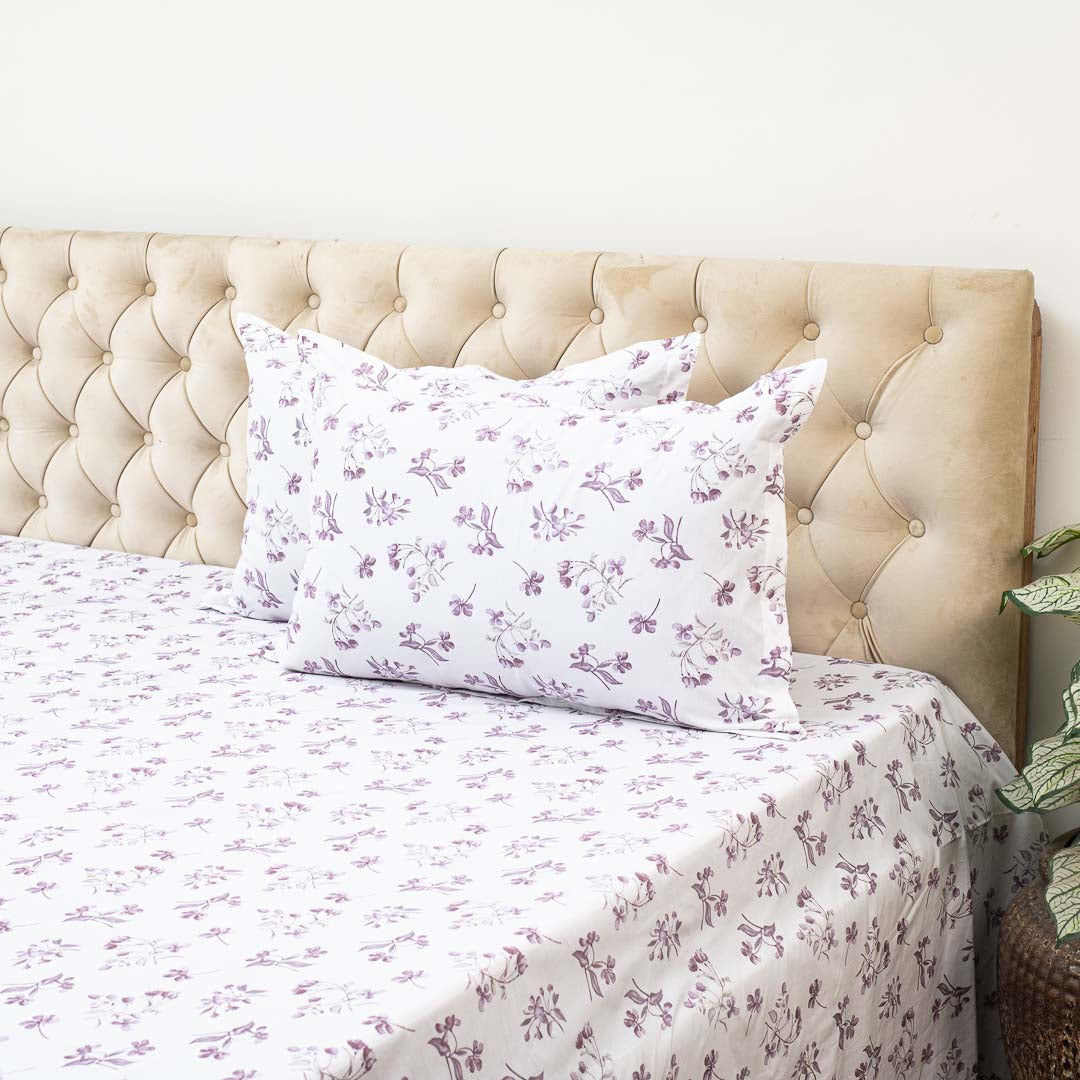 Premium Leaf King Size White- Purple Cotton Percale Print (1+2) Bed Cover Comes With Two Pillow Cover Design Eleven