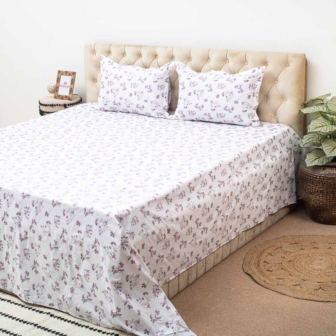Premium Leaf King Size White- Purple Cotton Percale Print (1+2) Bed Cover Comes With Two Pillow Cover Design Eleven