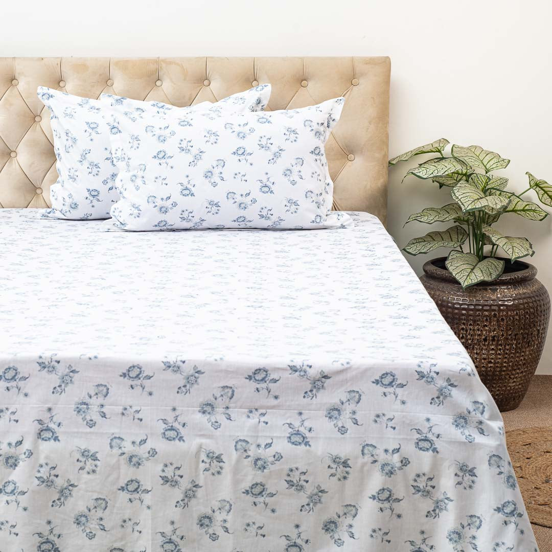 Premium Leaf King Size White- Blue Cotton Percale Print (1+2) Bed Cover Comes With Two Pillow Cover Design Ten