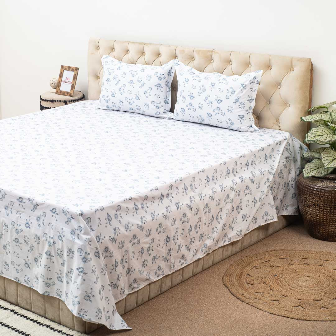 Premium Leaf King Size White- Blue Cotton Percale Print (1+2) Bed Cover Comes With Two Pillow Cover Design Ten