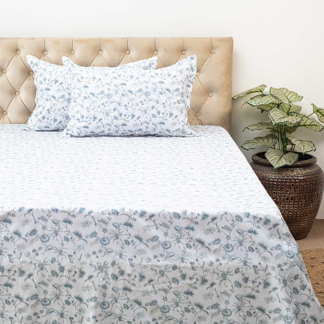 Premium Leaf King Size White Cotton Percale Print (1+2) Bed Cover Comes With Two Pillow Cover Design Eight