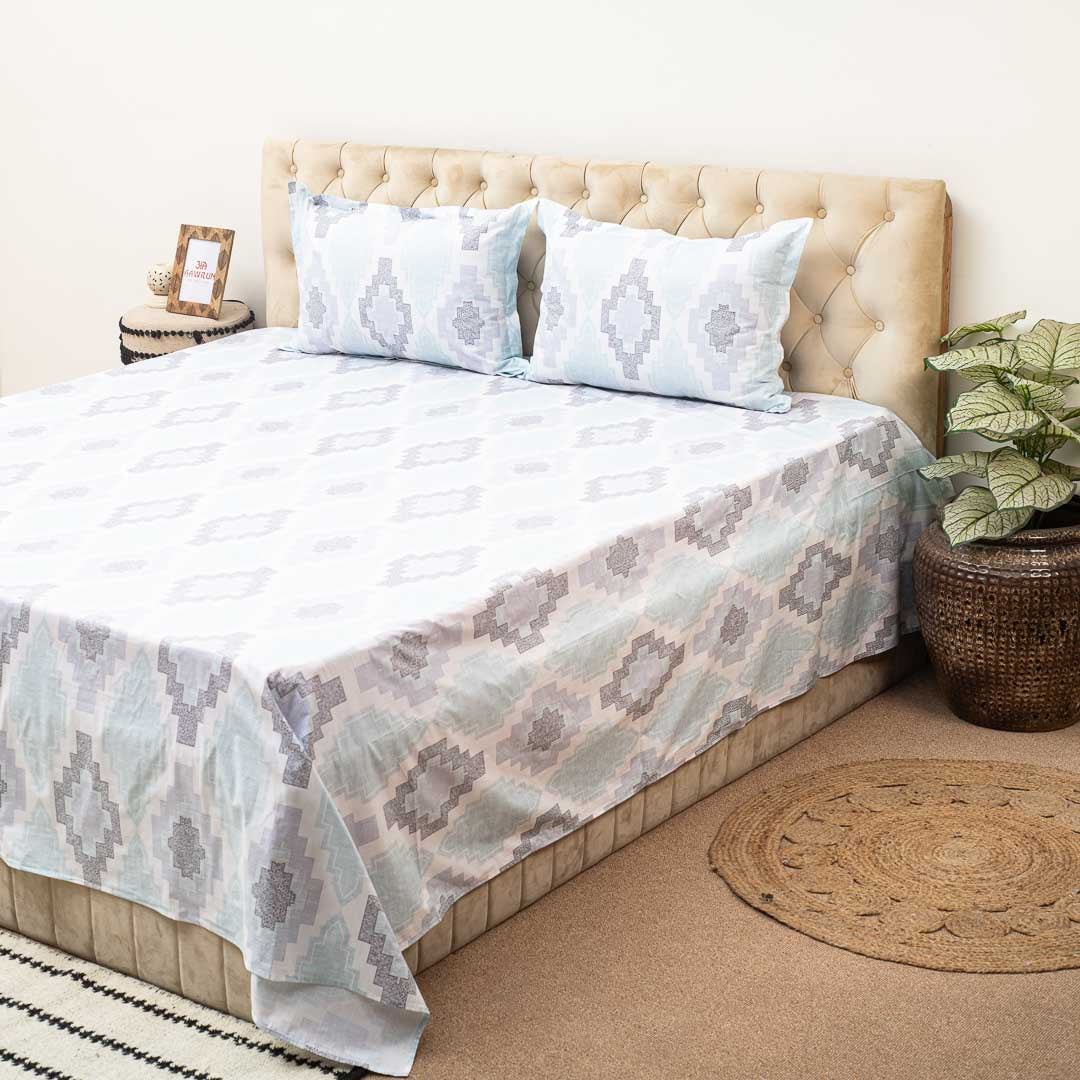 Premium Rectangle King Size Blue Cotton Percale Print (1+2) Bed Cover Comes With Two Pillow Cover Design Six