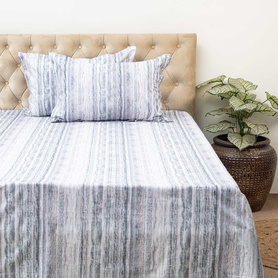 Premium King Size White- Multi Cotton Percale Print (1+2) Bed Cover Comes With Two Pillow Cover Design Four